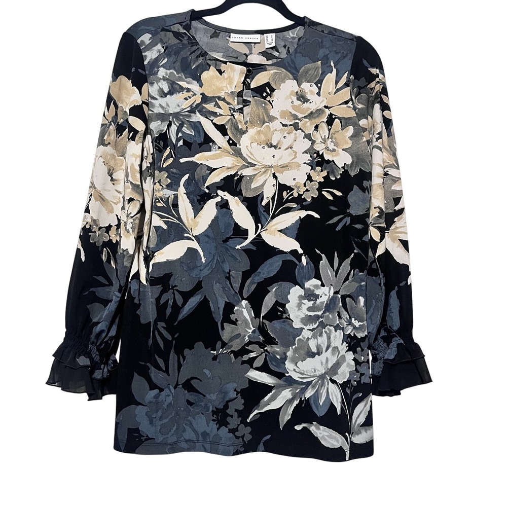 Susan Graver Floral Tunic Top Womens Black Blue Rhinestone Ruffle Sleeve Small